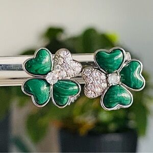 VCA Four Petal Pin Earrings Green Malachite Clear Crystals